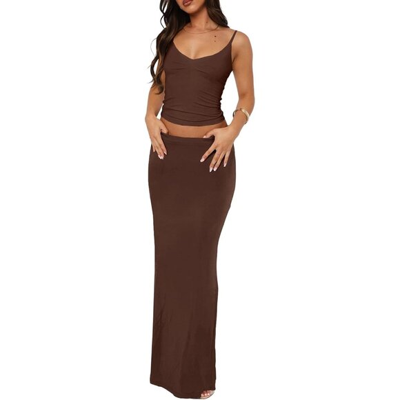 Women's Dark Brown Two Piece Sets Sleeveless Spaghetti Pleated Tank Maxi Skirt
